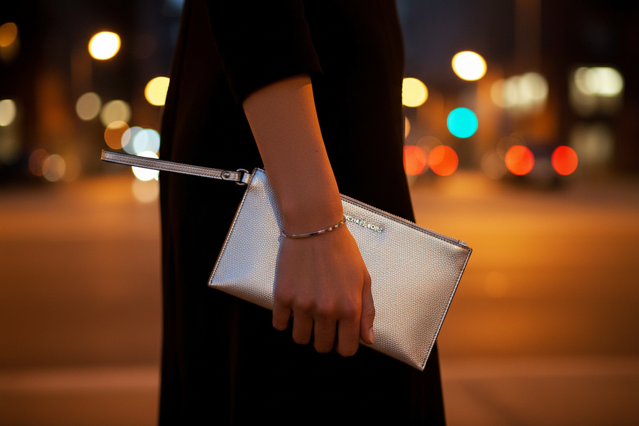 Šedá kožená psací taška Michael Kors