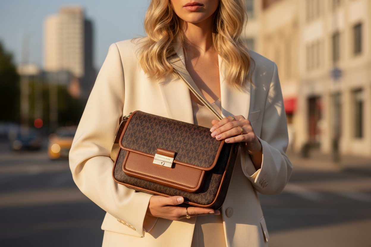 Hnědá látková crossbody kabelka Michael Kors